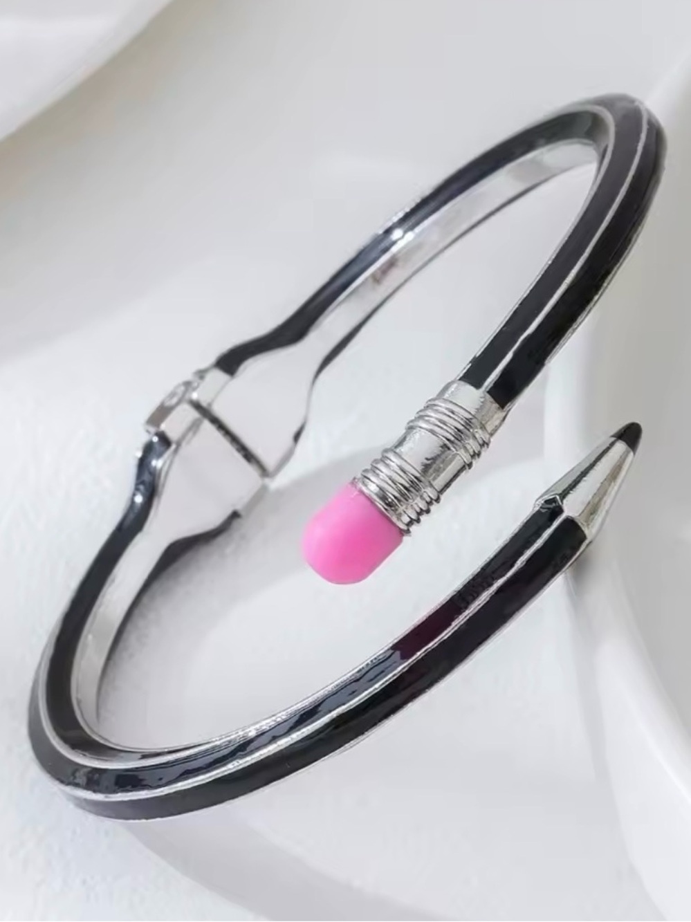 Silver Pencil-Style Cuff Bracelet with Pink Eraser